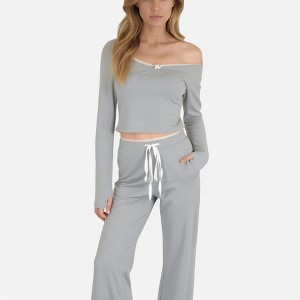 Anna-Kaci Lounge Women's Lace Trim Long Sleeve Lounge Top and Jogger Pants Pajama Set with Drawstring Waist - 1 of 4