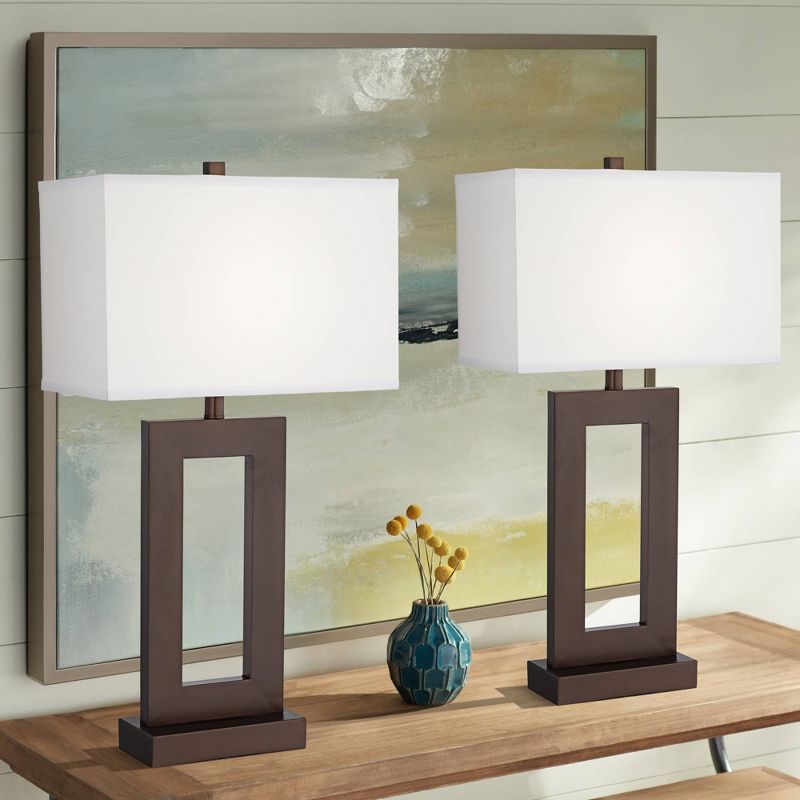 360 Lighting Marshall 30 1/4" Tall Open Window Large Modern End Table Lamps Set of 2 Brown Bronze Finish White Shade Living Room Bedroom Bedside, 2 of 9