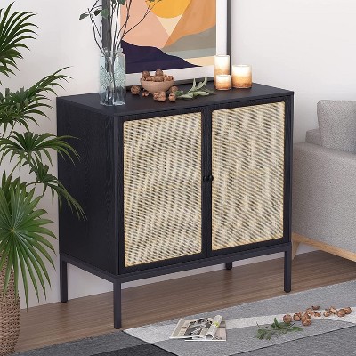 Brafab Buffet Sideboard Cabinets, 2-Door Rattan Storage Cabinet Accent Entryway Chest Console Table Liquor Wood Cupboard