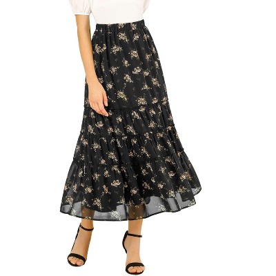 Allegra K Women's Floral Print Elastic Waist Ruffle Maxi Tiered Skirt