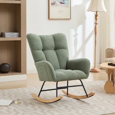 Modern Nursery Rocking Chair Upholstered Glider Chair with High Backrest and Solid Wood Legs, Teddy Fabric Accent Armchair - ModernLuxe