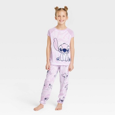 Girls' Disney Lilo & Stitch 2pc Marble Print Short Sleeve Top and Jogger Pants Pajama Set - Purple