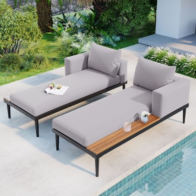 2PC Outdoor Daybed Set, Metal Frame with Acacia Wood Side Tables, Cushioned Patio Lounge Sofa for Garden or Poolside - Coolbibila