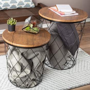 End Table with Storage – Set of 2 Round Nesting Tables with Diamond Pattern Wire Basket Wood Tops, Industrial Farmhouse Side Table by Lavish Home