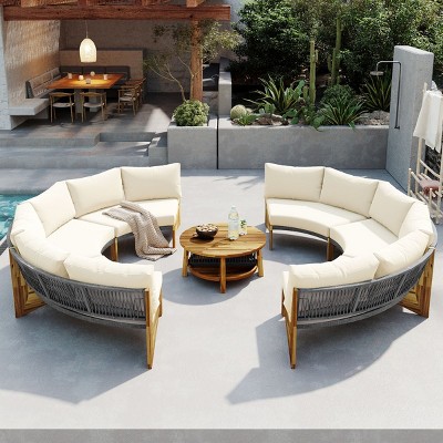 7 Piece Outdoor Patio Furniture Conversation Set,2 Semicircle Sectional Sofa with Coffee Table,Half Moon Garden Sofa Set with Cushion-Coolbibila