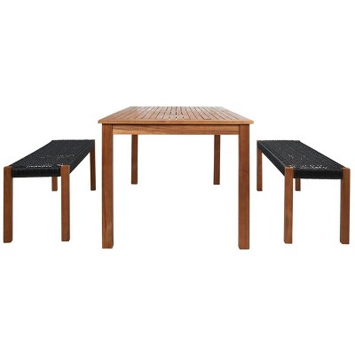 Natural Acacia and Black Woven Rattan 4-Person Patio Dining Set