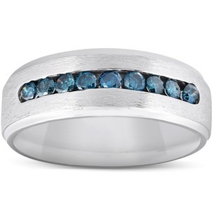 Pompeii3 Mens 1/3ct Blue Diamond Brushed Wedding Ring 14k White Gold - 1 of 4