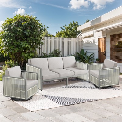 POCASSY 3PCS Patio Furniture Set with Patio Swivel Chairs, All Weather Wicker Rattan Outdoor Conversation Set with Patio Couch Sofa Meatl Swivel Chair