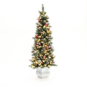 LuxenHome 5Ft Pre-Lit Artificial Pine Christmas Tree with Pinecones and Snowflake Planter Pot Green - 1 of 4