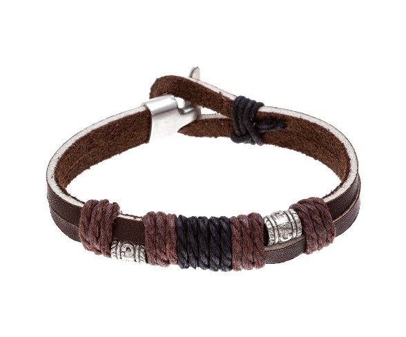 Men's Stainless Steel Oxidized Brown Leather and Textured Beads With Wrap Cord Bracelet