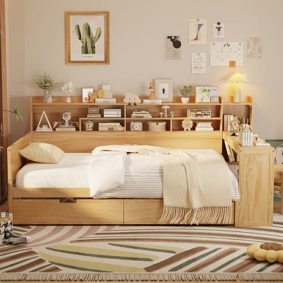 Wooden Daybed with Storage Drawers, Shelves and Built-In Study Desk, Space-Saving Multi-Functional Bed for Kids Room-Cuddlewood