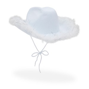Zodaca White Cowboy Hat with Feathers for Women, Men, Fluffy Cowgirl Hat for Halloween Costume, Birthday, Bachelorette Party - 1 of 4