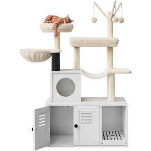 54.3" Cat Tree Tower with Hidden Litter Box Enclosure, Modern 2-in-1 Cat Condo with Plush Perch, Scratching Posts&Removable Pompom Toys - 1 of 4