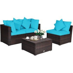 Tangkula 4-Piece Outdoor Rattan Sofa Set Sectional Conversation Couch Ottoman Turquoise/Red - 1 of 4