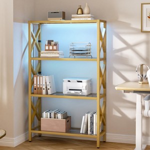 Aheaplus 5 Tier Glass Bookshelf with LED Light, Metal Frame Storage Shelf Display Bookcase - 1 of 4