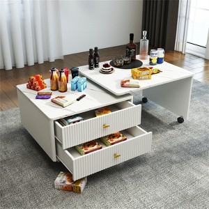RISOKEYS Extendable Coffee Table with Storage - Reversible Living Room Table with 2 Drawers and 6 Wheels, White Modern Style Square Coffee Table - 1 of 4