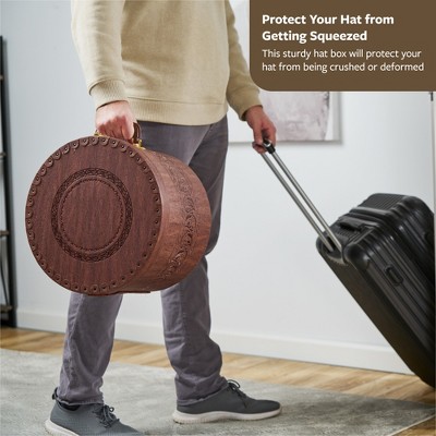 Brown Round PVC Leather Hat Box with Gold Locking Lid