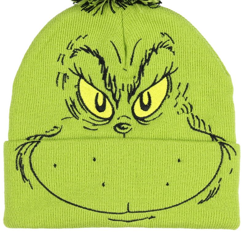 Dr. Seuss The Grinch Who Stole Christmas Pom Beanie Hat Embroidered Character Green, 3 of 5