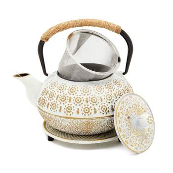 Juvale 3 Piece Set White Japanese Cast Iron Teapot with Stainless Steel Infuser and Trivet, 27 oz