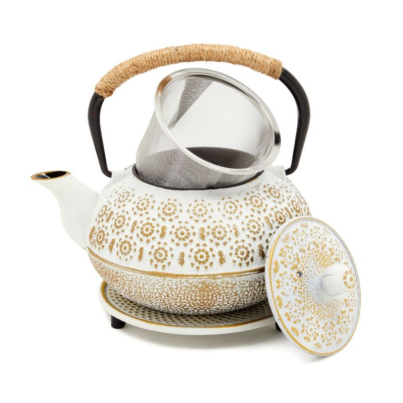 Juvale 3 Piece Set White Japanese Cast Iron Teapot with Stainless Steel Infuser and Trivet, 27 oz, 1 of 9