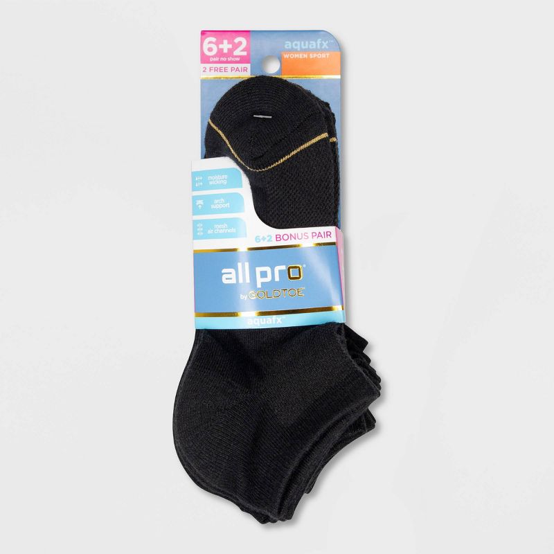 All Pro Women&#39;s Extended Size Aqua FX Heel Toe Cushioned 6+2 Bonus Pack No Show Athletic Socks - Black 8-12, 2 of 4