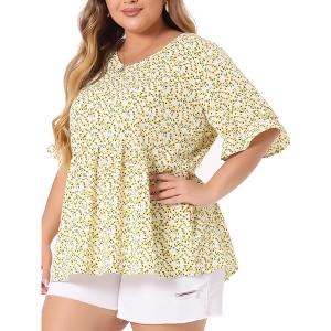 Agnes Orinda Women's Plus Size Floral Pleated V Neck Short Sleeve Tiered Babydoll Blouses - 1 of 4