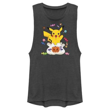 Juniors Womens Pokemon Halloween Pikachu Candy Bag Festival Muscle Tee