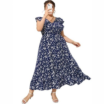 Coolmee Women's Plus Size Summer Boho Dress Ruffle Cap Sleeveless V Neck Long Beach Maxi Dress