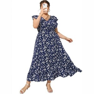 Coolmee Women's Plus Size Summer Boho Dress Ruffle Cap Sleeveless V Neck Long Beach Maxi Dress - 1 of 4