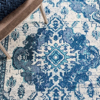 Ivory & Blue Medallion Square Synthetic Area Rug, 6'7"