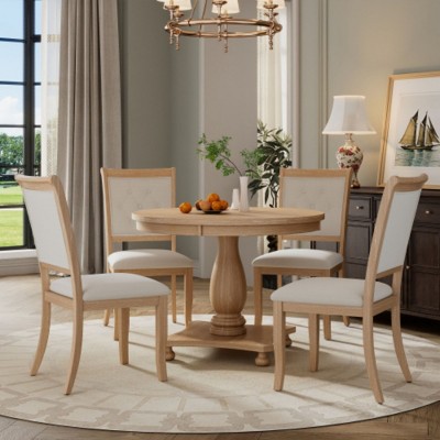 5-Piece Retro Dining Set, Round Table with Pedestal Table Base and 4 Upholstered Chairs for Dining Room and Kitchen