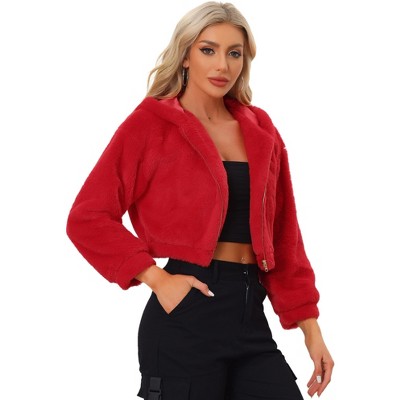 INSPIRE CHIC Women's Casual Hooded Zip Up Long Sleeve Cropped Faux Fur Jacket
