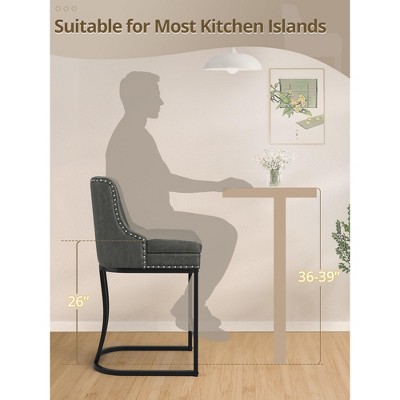Bar Stools Set of 2, Modern Counter Height Bar Stools with Backrest Faux Leather Double Upholstered Barstools with Metal Frames for Kitchen Island