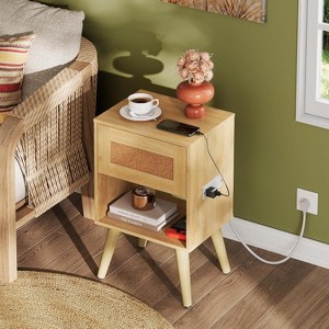 GALAXHERO Rattan Nightstands Set of 2 with Charging Station Boho Wood Side Tables Small End Tables with Drawers for Bedroom - 1 of 4