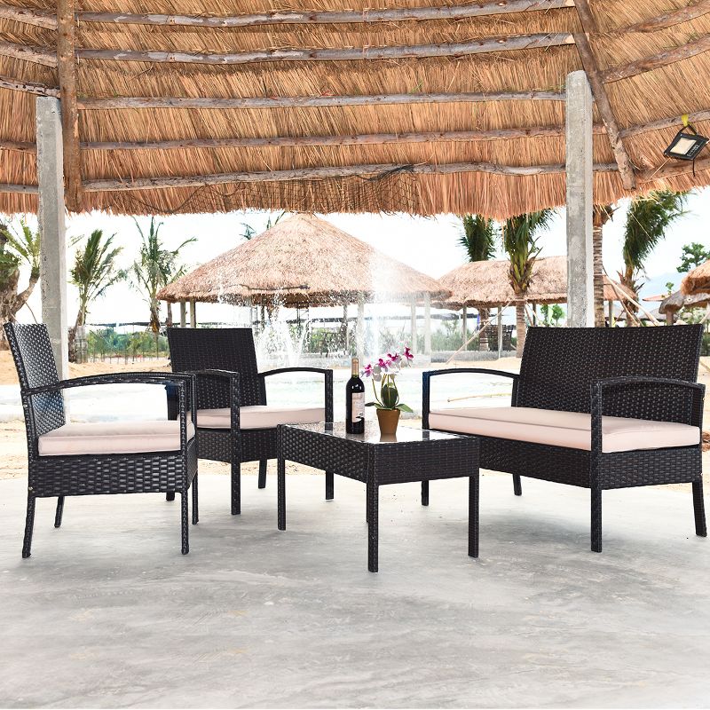 Costway 4PCS Patio Rattan Conversation Furniture Set Cushioned Seat Glass Table, 3 of 9