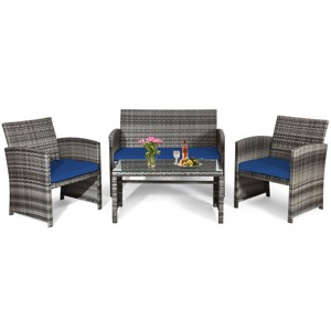 Tangkula 4-Piece Outdoor Patio Furniture Set Rattan Wicker Conversation Sofa Set Navy - 1 of 4