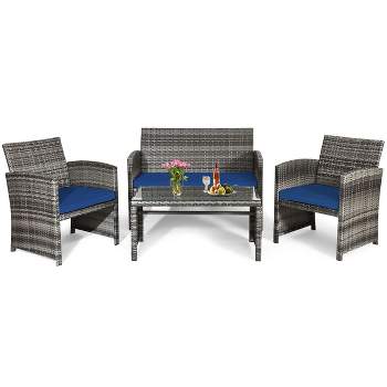 Tangkula 4-Piece Outdoor Patio Furniture Set Rattan Wicker Conversation Sofa Set Navy
