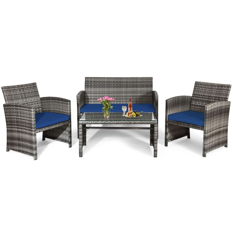 Tangkula 4-Piece Outdoor Patio Furniture Set Rattan Wicker Conversation Sofa Set Navy, 1 of 8