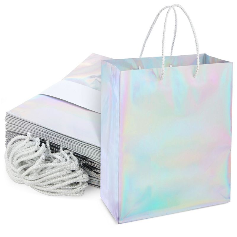 Sparkle and Bash 24 Pack Holographic Silver Gift Bags with Handles, 8x4x10 Inch for Wedding, Birthday, Retail, Small Business, Shopping, 1 of 9