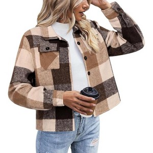 Zeagoo Womens Fashion Cropped Flannel Shacket Jacket Plaid Button Down Shirt Trend Casual Cozy Coat Tops - 1 of 4