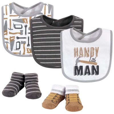 Hudson Baby Infant Boy Cotton Bib and Sock Set 5pk, Handy Man, One Size