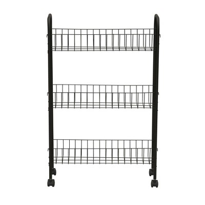 Slim Black Steel 3-Shelf Rolling Laundry Cart