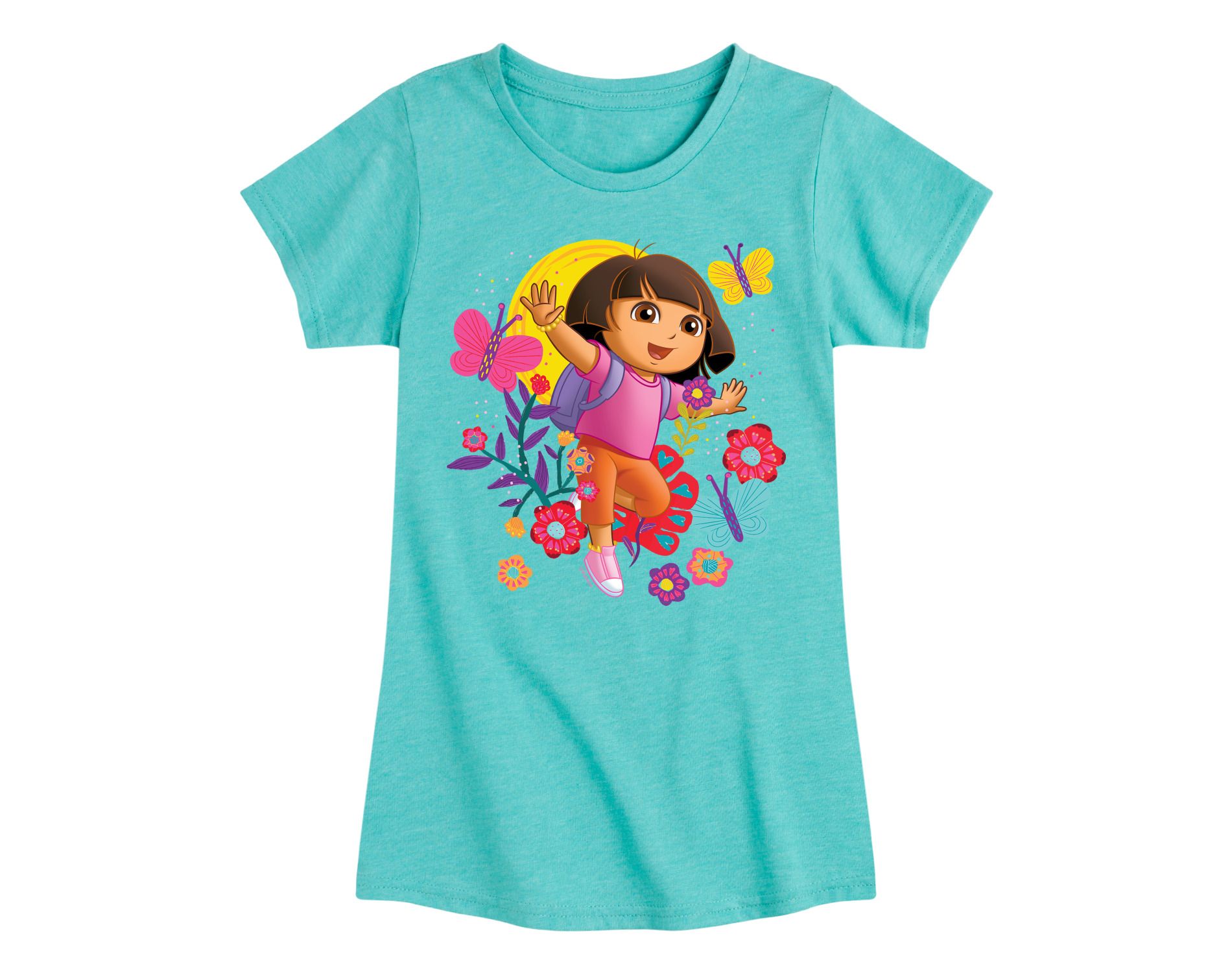Girls' Dora the Explorer Flowers And Butterflies Fitted Short Sleeve Graphic T-Shirt - Turquoise - 5T