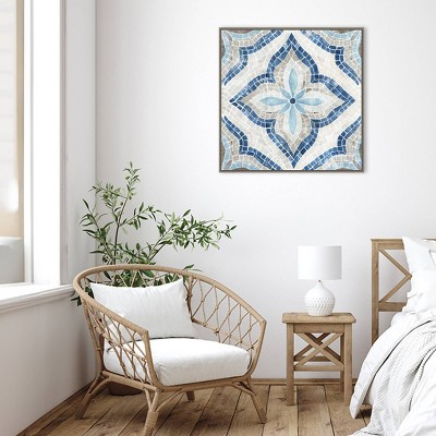 Blue and Beige Moroccan Tile Canvas Wall Art with Greywash Frame