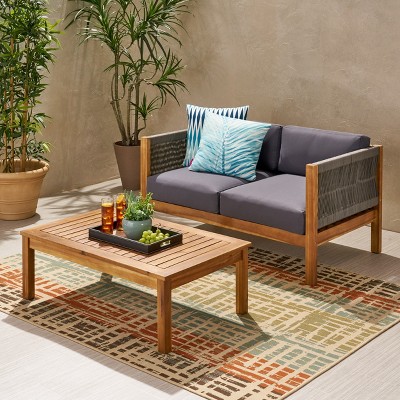 KWPZQEB Outdoor Patio Furniture Set, Loveseat & Coffee Table & 2 Armchair w/ Acacia Wood Frame & Cushion, Chat Set for Garden, Backyard, Porch