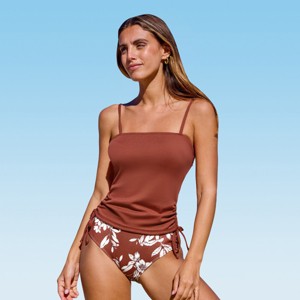 Women's Brick Red Side Drawstrings Tankini Top & Botanical Print Bikini Bottom - Cupshe - 1 of 4
