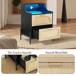 Rattan Nightstand (Charging Station + LED Light) | Natural Wood Bedside Table with 2 Drawers & Open Shelves – Living Room/Bedroom/Hallway - 1 of 4