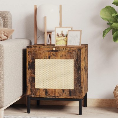 Homhougo Rattan Night Stand, Modern Farmhouse Pattern Side Table, End Table with Tray, Sofa Table with Storage Shelf for Bedroom, Living Room, Brown