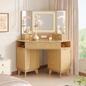 Acekool Fluted Vanity Table with Mirror, Glass Top, Cabinet and Drawers, Makeup Desk - 1 of 4