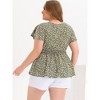 Women's Plus Size Floral Smocked Waist Flare Sleeve V Neck Peplum Blouses - Agnes Orinda - 4 of 4